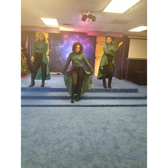 STEAMPUNK Victorian Swallow Tail Long Trench Coat Jacket Green Cosplay Punk NWT - Picture 5 of 7